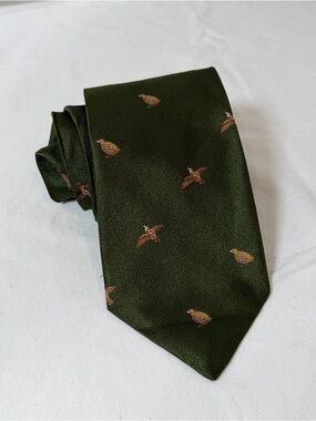 Barbour Dark Green All Over Print Pheasant Hunting 100% Silk Tie Quail Motif
